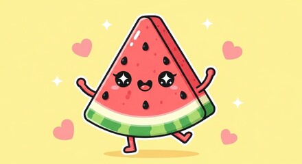 Adorable kawaii watermelon character with sparkling eyes, pink hearts, and stars on a yellow back...