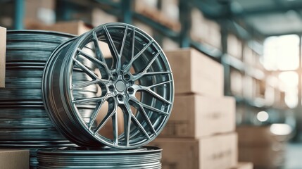 Sleek, modern alloy car rims stacked in a warehouse with shelves and cardboard boxes blurred in the background.