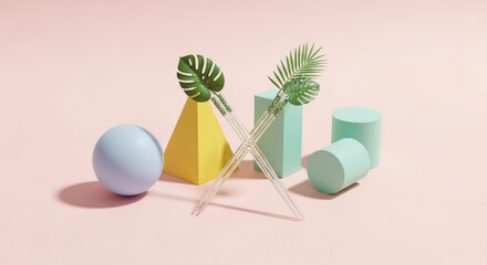 Minimalist pastel geometric shapes with tropical leaves on a pink background.