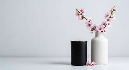 Elegant spring still life: pink blossoms in a white vase with a contrasting black candle.