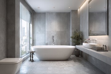Modern Bathroom With Elegant Tub and City View in Bright Setting