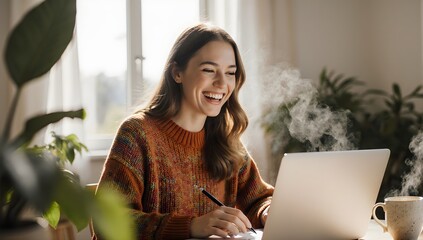 Smiling freelancer remote work cozy home office