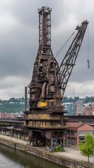 Fototapeta premium industrial site with rusty machinery and overgrown weeds under gray skies