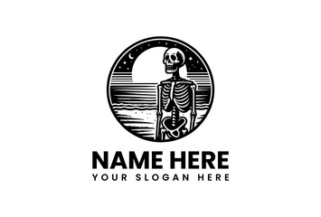 Stylized Skeleton Figure Standing on a Beach Under a Crescent Moon and Stars.