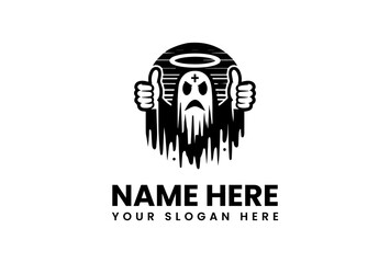 Thumbs Up Ghost with Halo and Cross Black and White Logo.