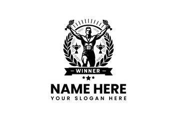 Triumphant Athlete Silhouette with Laurel Wreath and Torch Emblems.