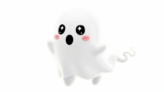 Kawaii Ghost Character video - A charming 3D video of a cute ghost character with a kawaii style. The adorable animated figure has big sparkling eyes and blushing cheeks, set against a bright white
