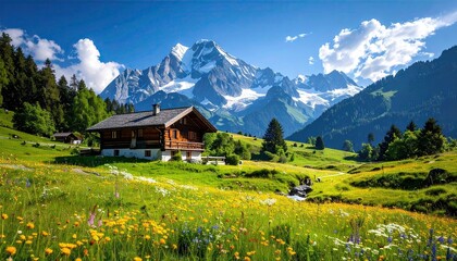 Obraz premium Idyllic Alpine Meadow with Cabin Overlooking Snow Capped Mountain Peak on Bright Sunny Day in Bavaria