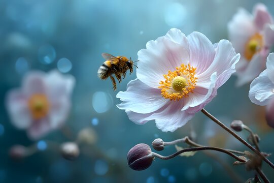 Coevolution of bee and flower displayed in a broad view with full surroundings visible