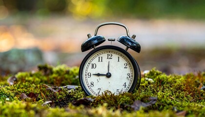 Vintage Alarm Clock Buried in Soil with Moss and Grass