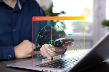 Fast internet connection with Metaverse technology concept, Hand holding smartphone and Virtual screen of Internet speed measurement,Internet and technology concept, 5G Hi speed internet concept