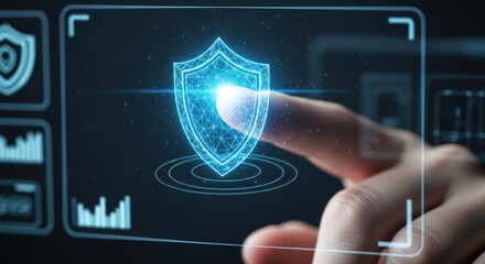 Finger touches a digital shield on screen, symbolizing cybersecurity and data protection