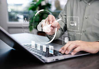 Cloud technology concept Global network of metaverse systems concept, Man hand touch data with internet cloud technology and File Transfer backup copy,Global business  Internet for Telecommunication