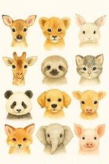 Obraz premium Watercolor painting of twelve animal faces, including a deer, lion, rabbit, giraffe, sloth, cat, panda, dog, cow, fox, elephant, and pig.