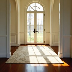 Obraz premium Daylight pouring through large window onto polished floor and elegant rug
