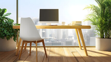 Bright Modern Home Office Setup with Computer, Plants, Books, and City View, Featuring Wooden Desk, White Chair, and Natural Light for Workspace Inspiration