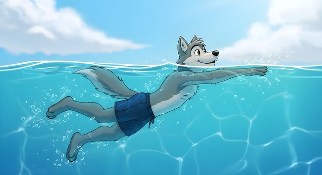 Anthropomorphic wolf swimming underwater with joyful expression, wearing shorts, symbolizing sport, fun, freedom, and active lifestyle in summer