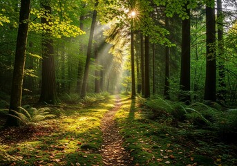 Fototapeta premium Sun Beams Filtering Through Trees onto a Forest Path in a Lush Green Wood