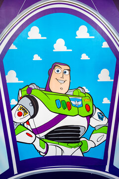 Bangkok, Thailand - September 4, 2025 : Toy Story movie wallpaper backdrop display with Buzz Lightyear, a famous character in movie theatre.