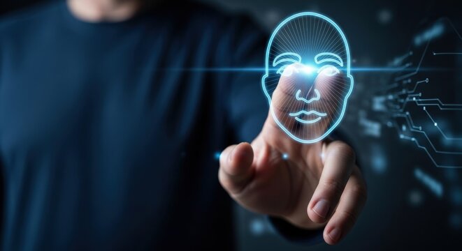 Man touching digital face hologram with his finger, concept of artificial intelligence
