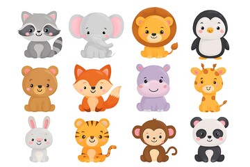 A charming collection of twelve adorable cartoon wild animals, including a raccoon, elephant, lion, penguin, bear, fox, hippopotamus, giraffe, rabbit, tiger, monkey, and panda.