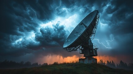 Large satellite dish against stormy sky, lightning striking in distance, dramatic light