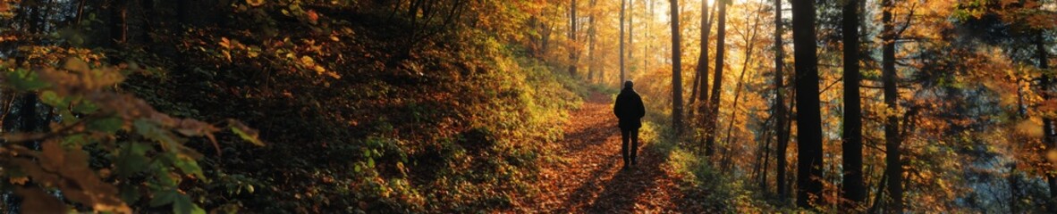Lone person hiking on a leaf-covered path in an autumn forest. Scenic woodland landscape with golden hour sunlight. Wide panoramic banner