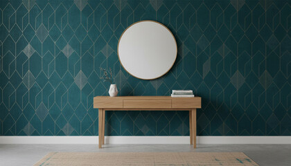 Welcoming Entryway with Geometric Transformative Teal 2026 Wallpaper and Minimalist Console Table

