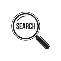 Black and white illustration of a magnifying glass with the word "SEARCH" inside the lens.