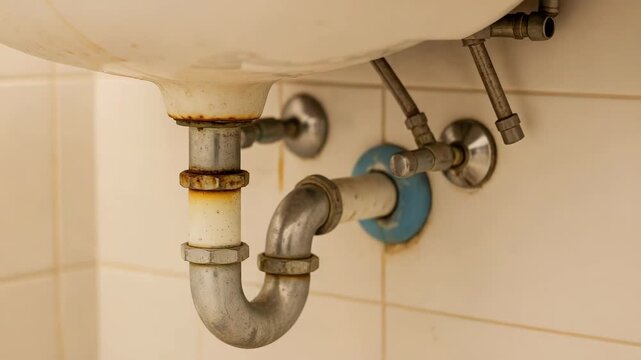 Under the sink showing pipes and connectors for plumbing repair. Sink pipes configuration shows the drain and supply lines connected with metal and plastic fittings.