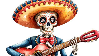Skeleton musician playing guitar while wearing sombrero in festive style  