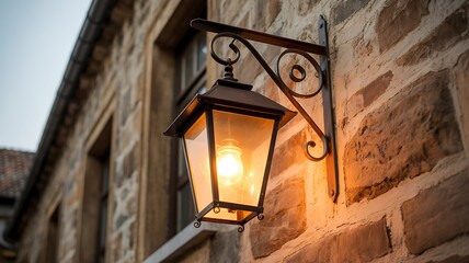 Warm glowing vintage wrought iron lantern illuminating stone building exterior