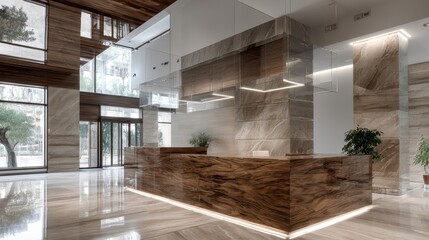 Modern reception desk made of wood and marble interior lobby with natural light and plants