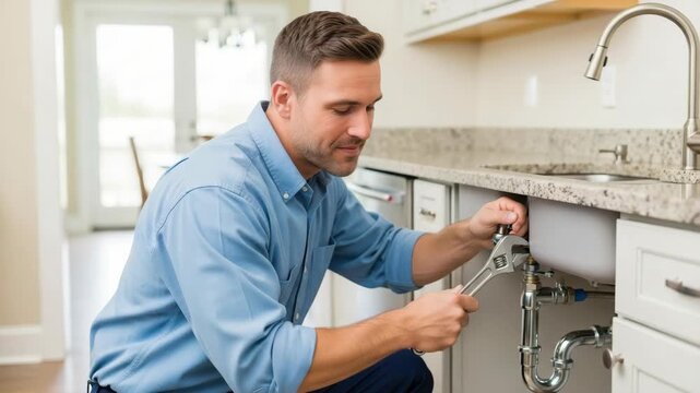 Plumber at work fixing a kitchen sink with adjustable wrench. Plumber at work, man repairing plumbing, fixing pipes with expertise and care. Shows a plumber at work performing essential services,