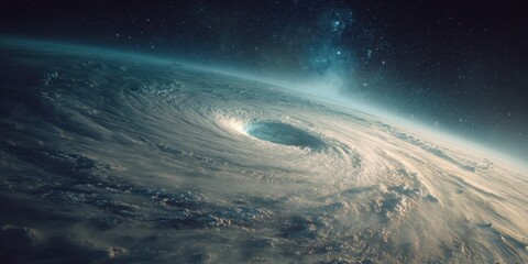 Hurricane eye viewed from space with swirling clouds and starry sky backdrop