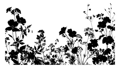 Silhouette wild fern meadow plants create striking contrast, showcasing intricate botanical shapes and natural textures in a black and white vector style.