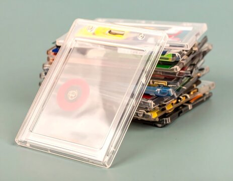 Stacked trading cards in plastic cases