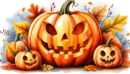 Three carved pumpkins with autumn leaves for Halloween decoration  