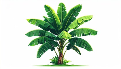 Cartoon Coconut Tree with Curved Trunk and Hanging Coconuts in Flat Vector Illustration with Detailed Green Leaves and Brown Trunk Against White Background