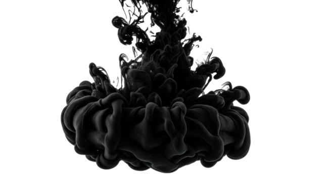 Velvety black ink dispersing into clear water, forming intricate smoke-like abstract shapes on white with copy space, fluid dynamics concept