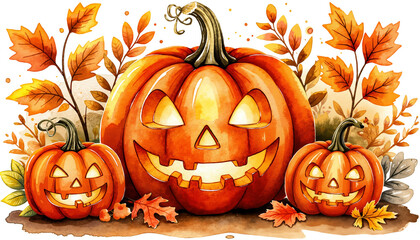 Three carved pumpkins with autumn leaves in fall colors  