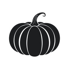 Black silhouette of a pumpkin with a curly stem white background
