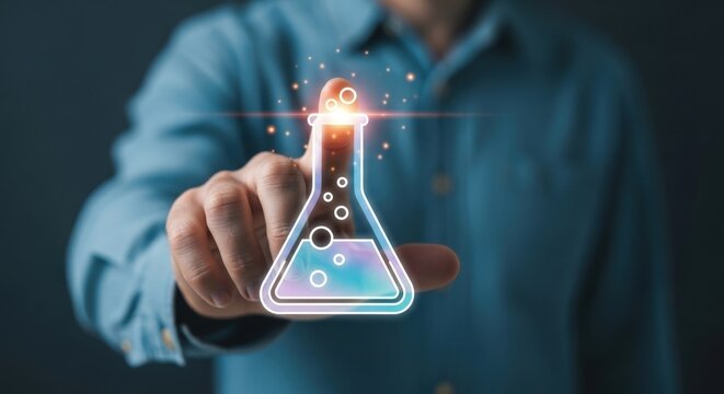 Man touching virtual screen with laboratory flask, science and technology concept for research - Powered by Adobe