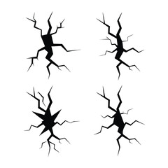 Four Black Cracked Surface Graphic Elements Isolated on White fracture break