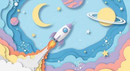 Whimsical rocket ship launching into a colorful paper cutout galaxy