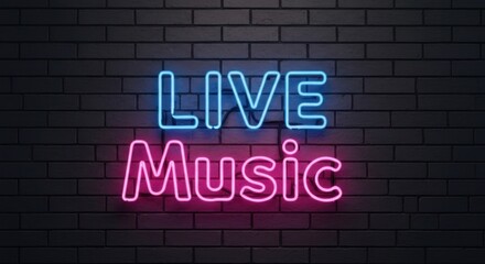 Live Music" neon sign, blue above pink, against a dark brick wall