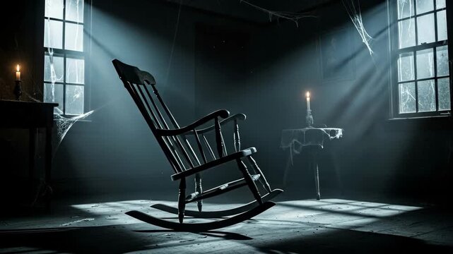 Ghostly Rocking Chair in a Haunted Room - A spooky video of an empty rocking chair in a dimly lit room, illuminated by sunlight streaming through dusty windows.