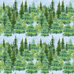 Christmas trees and pines in a winter forest, seamless watercolor pattern for textiles, dishes, packaging, and design