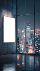 Modern Room with Blank Billboard and Night Cityscape View