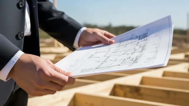 Blueprint in hands shows construction plan near building foundation, engineering project and design. Blueprint outlines structural details, showing foundation and framing.